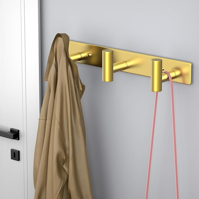 PMMASTO Stainless Steel Coat Rack Wall Mounted, Heavy Duty Metal Hook Rail for Hanging Coats Hats Towels Robes Bags, Modern Wall Hooks Organizer (Gold, 3 "T Hooks, 2 Pack)