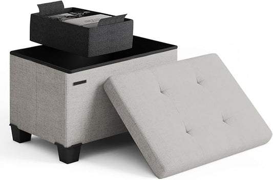 Storage Ottoman Cube with Small Bin, 16-in Square Ottoman with Storage for Living Room and Bedroom, Small Ottomans Foot Rest, Fabric Foot Stools Ottomans Max 330lbs, Light Grey