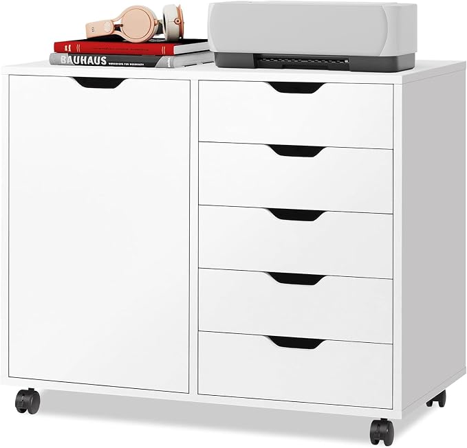 DEVAISE 5-Drawer Wood Drawer Cabinet, Office Storage Cabinet with Adjustable Shelf & Wheels, Printer Stand for Home Office, White | Craft Storage Cabinet, Under Desk Drawer, Rolling Cart Furniture, Adjustable Shelf & Wheels, Printer Stand, Home Office