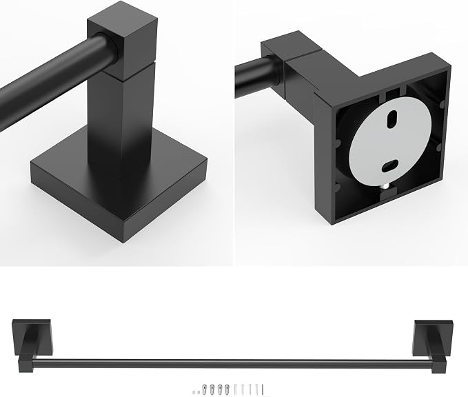 RUACQ Towel Bar 24" Towel Racks for Bathroom Wall Mounted, Matte Black | One-Piece Bath Towel Holder, Total Length 26 Inch Single Towel Rod, 304 Stainless Steel Rustproof, Square Base, Heavy Duty