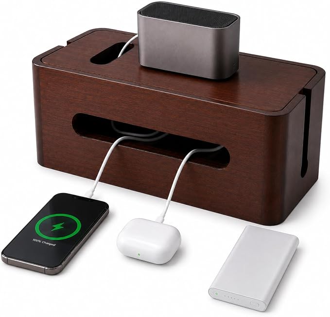Large Wooden Cable Management Box, Cord Organizer for Power Strip, Surge Protector & Chargers, Ventilation Holes & Multi Cable Slots, Wire Hider for Desk, TV, Office & Gaming Setup