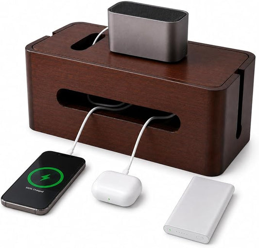 Large Wooden Cable Management Box, Cord Organizer for Power Strip, Surge Protector & Chargers, Ventilation Holes & Multi Cable Slots, Wire Hider for Desk, TV, Office & Gaming Setup