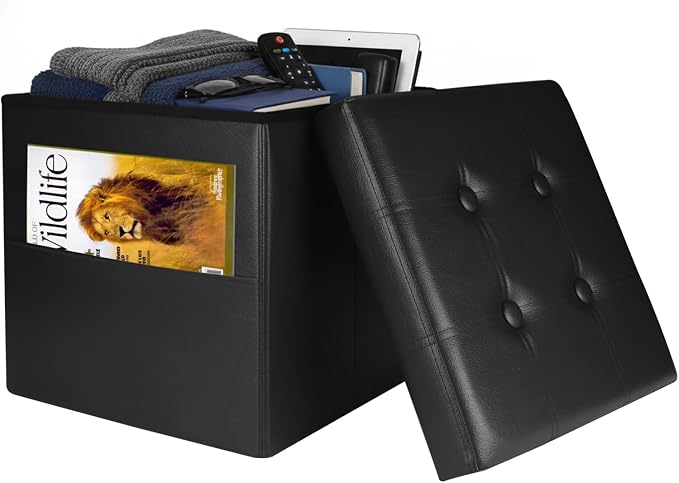 Bsketa Storage Ottoman Bench,15 Inch Folding Leather Foot Rest Stool, Black | Small Ottoman with Side Pockets, Thicker Foam Padded Seat, Livingroom, Dorm, Bedroom, Easy to install, 40L, 15x15x15in