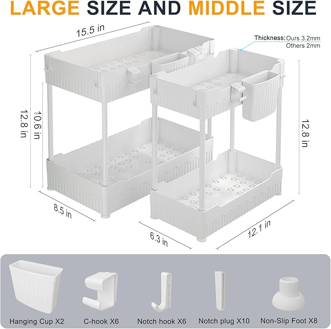 Sevenblue 2-Pack Under Sink Organizer with Hooks & Hanging Cup for Kitchen | Multi-use kitchen & bathroom storage, 12.8 inch white cabinet organizer, with hooks and hanging cup for easy access.