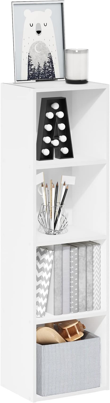 Furinno PASIR Book Shelf, 4-Tier Modern Bookshelf, Open Shelves Bookcase 9 x 12 x 42, Easy Assembly, for Living Room, Bedroom, Home Office, White