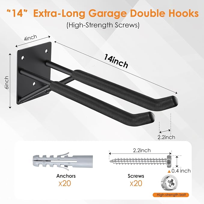 14" Garage Hooks Heavy Duty 2-Pack - Garage Storage System Hooks, Ladder Hooks for Garage Wall & Broom Holder Wall Mount | Non-Slip Tire Rack & Heavy Duty Wall Hooks for Hanging Ladders, Chairs.