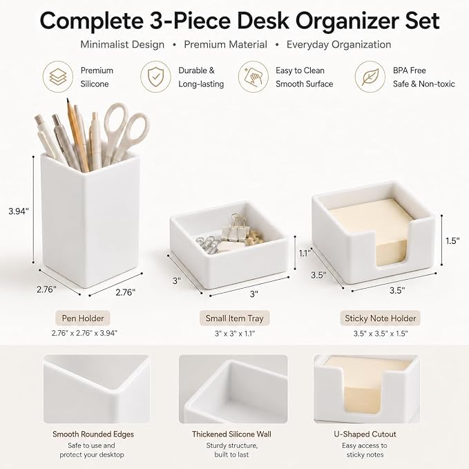 minimaliving Aesthetic Silicone Desk Organizer Set of 3,Modern Office Desk Accessories with Pen Holder,Paperclip Tray,Sticky Note Holder,Stylish Functional Office Desk Decor for Back-to-school(White)