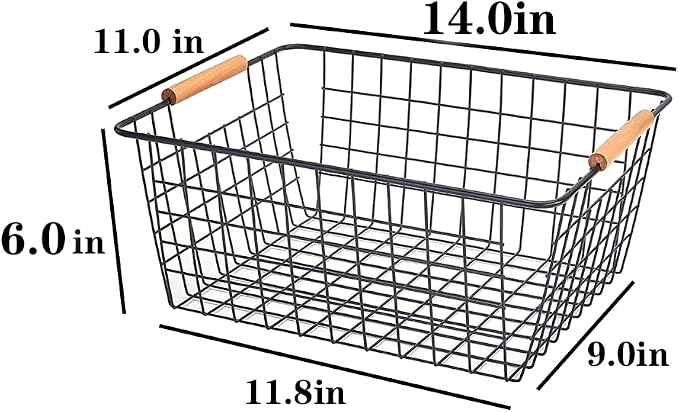 LeleCAT Large black wire basket for Organizing with Wooden Handles,pantry refrigerator organizers and storage,Snack Storage Baskets for Cabinets, Closets, Bedrooms, kitchen -2pack（Black）
