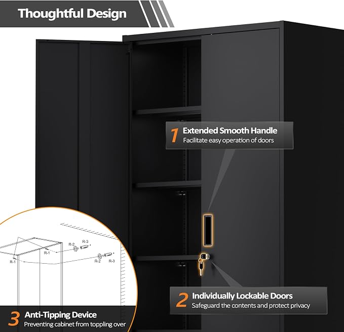 VINGLI Metal Garage Storage Cabinet with 2 Doors and 5 Adjustable Shelves, 71" Tall Steel Lockable File Cabinet, Locking Tool Cabinets for Home Office Garage Gym School (Black)