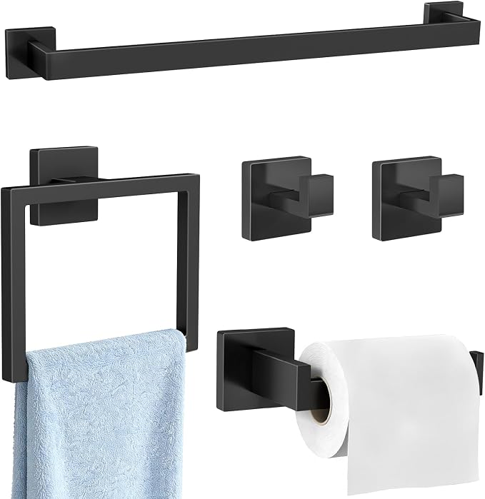 Gypie 5-Piece Bathroom Accessories Set, 24-in Towel Racks Wall Mounted Stainless Steel, Towel Hardware Set Matte Black