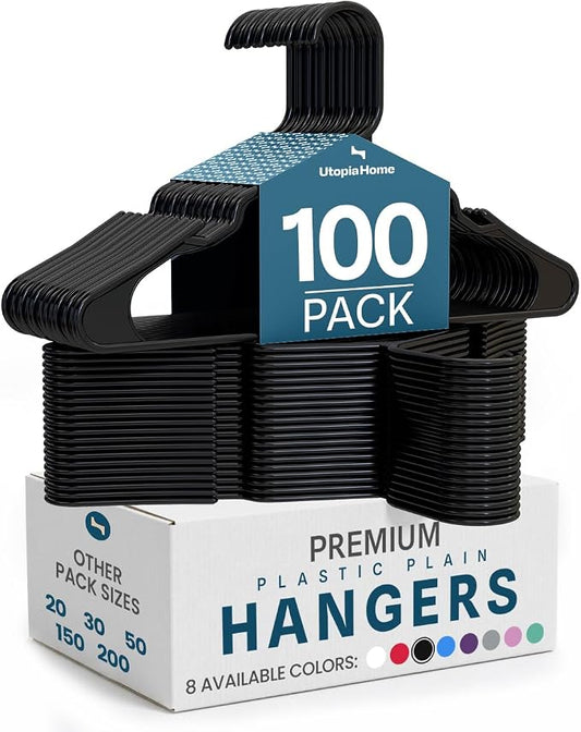 Utopia Home Plastic Hangers 100 Pack – Space Saving Clothes Hanger Black | Durable & strong | Closet organizer & storage | Ideal for apartments, dorms & stocking stuffers