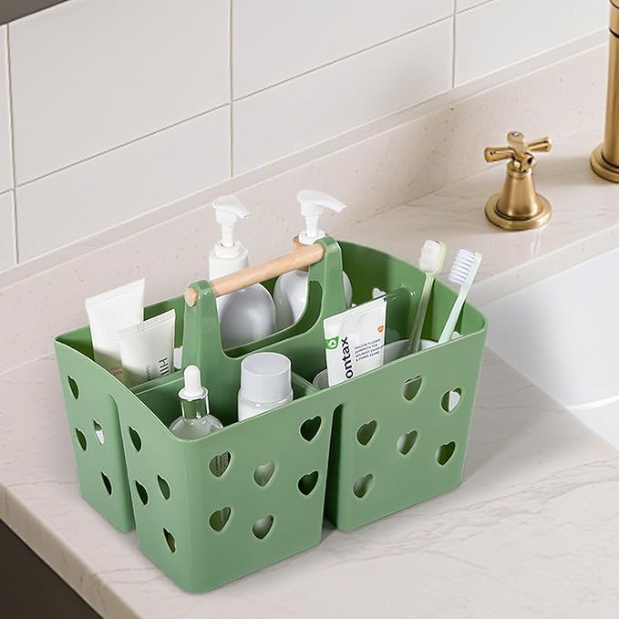 Portable Shower Caddy Plastic Shower Basket Organizer with Handle, Green | Divided Bathroom Caddy Storage Cleanning Caddy Tote for College, Dorm Room, Kitchen