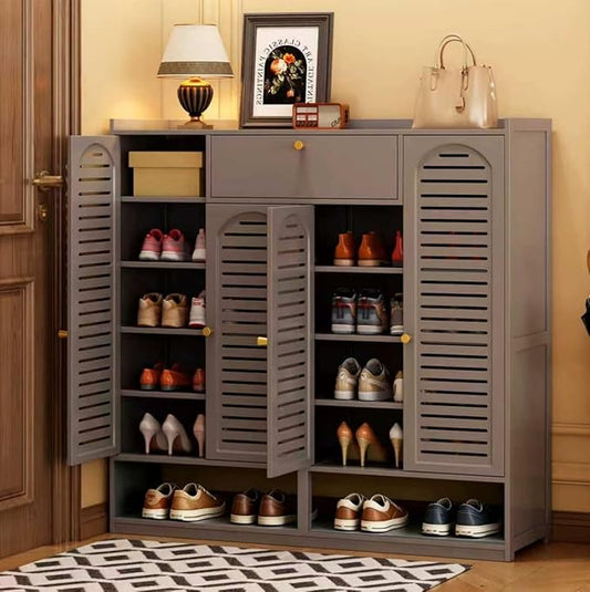 Shoe Cabinet with Louvered Doors, Freestanding Entryway Shoe Storage Cabinet with Drawer & Open Compartment, Modern Bamboo Shoe Rack Organizer with Shelves for Closet (Grey)