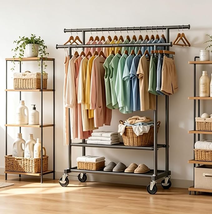 Portable Clothes Rack Rolling Garment Rack with Wheels 260LBS Black | Clothing Rack Hanging Clothes,Closet Rack Double Shelves Double Rods, Metal Garment Rack for Bedroom Laundry Living room