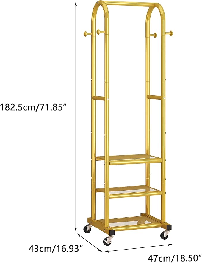 Dttwacoyh Clothing Rack with Wheels,Narrow Metal Garment Rack,Gold | Easy to install, 71.8 Inches Display Rack with 4 Side Hooks & 3 Shelves,for Small Flats, Bedroom, Entryway,Gold Clothes Rack