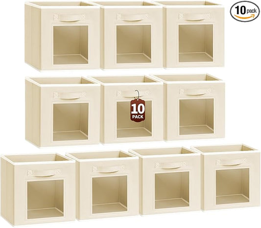Foldable Storage Cubes - Cubby Storage Organizer with Window, Decorative Baskets for Organizing, 11 Inch Fabric Cube Shelf Bins, Set of 10, Beige