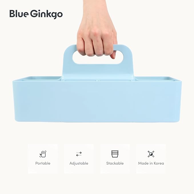 BLUE GINKGO Stackable Organizer Caddy, Long, Blue, Made in Korea | Portable. Adjustable. Home, Office & School Storage.