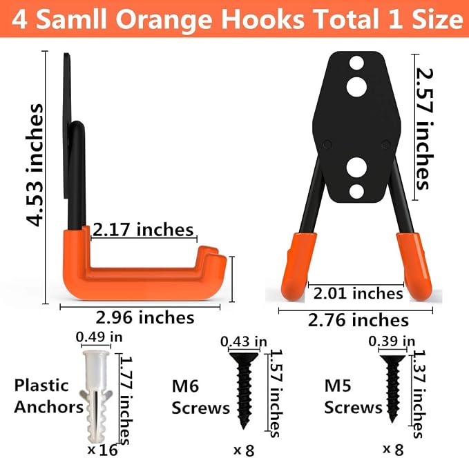 Garage Utility Double Hooks,Heavy Duty Steel Wall Mount Storage Organizer with Anti-Slip Coating,Load Capacity 66 LB (4 Pack Orange 3" U Hook)