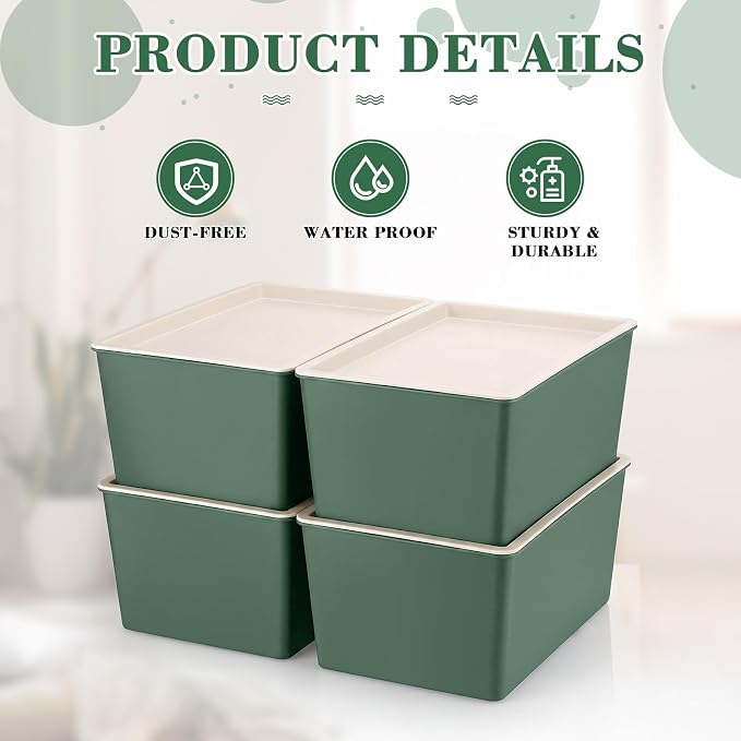 4 Pcs Storage Bins with Lids Plastic Stackable Containers for Classroom Room Organizing Shelves Christmas Ornament Box Baskets(Green,Small)