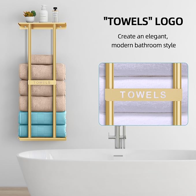 STWWO Bathroom Towel Storage Rack for Bathroom, 30 inch Towel Racks Wall Mounted with Shelf Can Holds 6 Large Towels, Wall Towel Rack for Rolled Towels, Gold | Towel Racks for Bathroom for Rolled Towels Folded Bath Towels, 30 inch