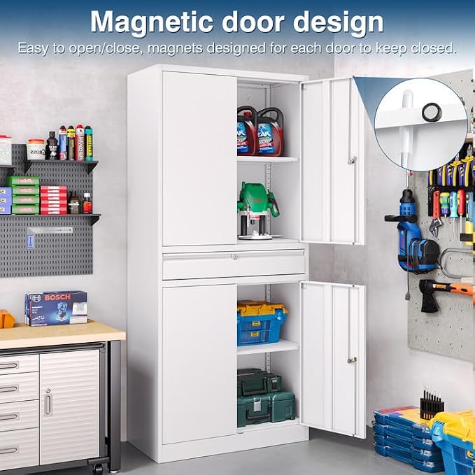 White Metal Storage Cabinet with Lock, 71" Tall Garage Storage Cabinets with Doors and Shelves, Lockable Tool Caninet Steel Locking Cabnets File Caninet for Home Office, Garage, Pantry
