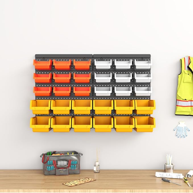 30-Bin Wall Mounted Storage Bins Kit, Tool Organizer Rack, Garage Hardware Organizer, Parts Storage Bins, DIY Combination(Grey & Orange & Yellow Type)
