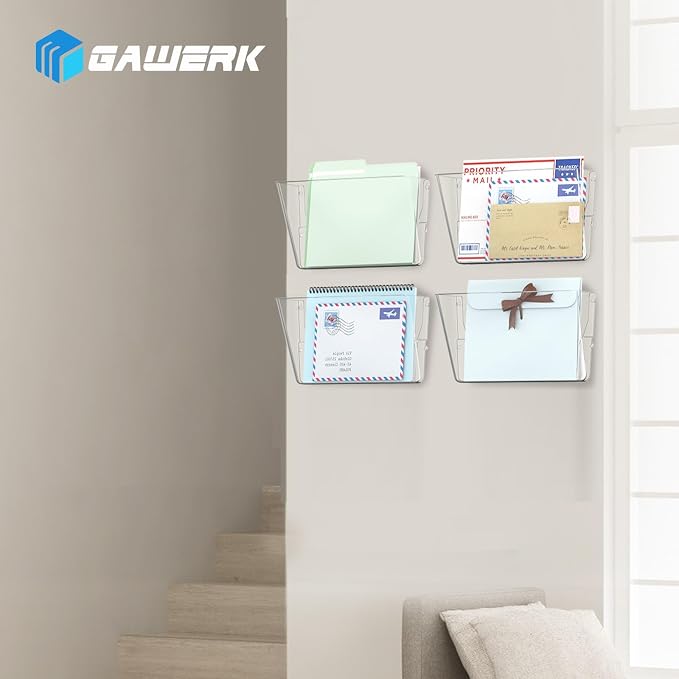 Gawerk Single Pocke Wall Mount File Holder Organizer (Clear, 2 Pack) | Acrylic Hanging Wall Organizer, Plastic Wall Mount Mails Magazines Organizer for Office and Home