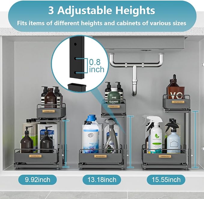 Under Sink Organizer Kitchen, 2 Tier Under Sink Organizers and Storage, Pull out Cabinet Organizer Shelf, Metal Drawer for Kitchen Bathroom Pantry Cabinet Closet Organization Rack, Black, 1 Pack