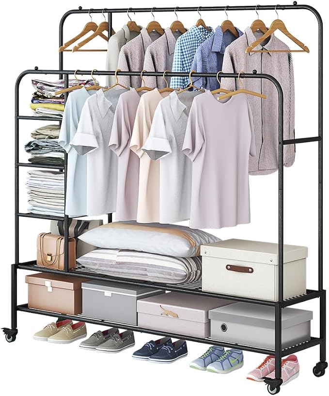 SUOERNUO Clothes Rack with Lockable Wheels Double Rods Metal Garment Racks | Portable Heavy-Duty Clothing Rack with Bottom, Rolling Clothes Shelves for Bedroom Laundry Living Room, Black