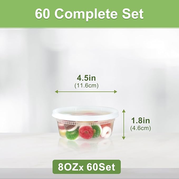 Dipoo 60 Sets (120-Piece) Deli Containers with Lids 8 oz, Leak-Proof & BPA Free Airtight Takeout Plastic Food Storage Containers for Soup, Freezer/Microwave/Dishwasher Safe