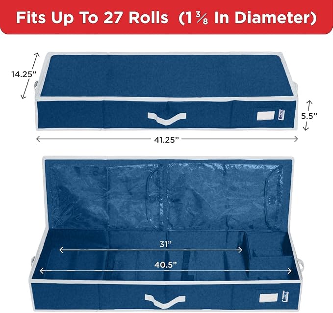 HOLDN’ STORAGE Premium Wrapping Paper Storage Container, Blue | Durable 600D Tear-Proof, Fits 27 Rolls Gift Wrap, Extra Pockets for Ribbons & Bows, Underbed Storage