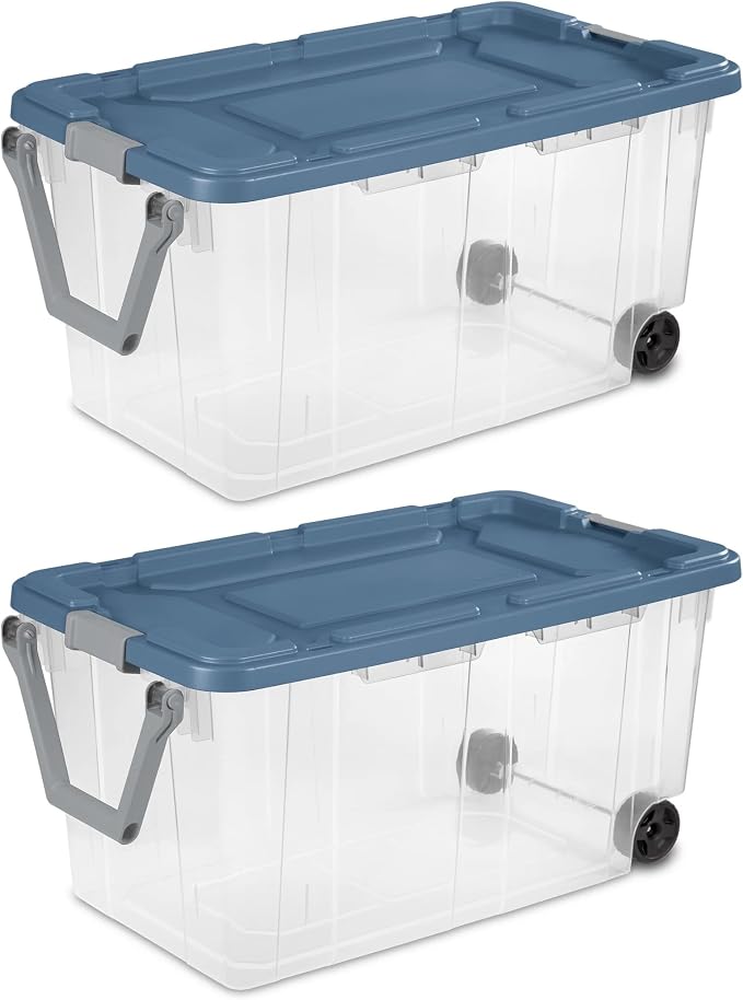 160 Quart Extra Large Clear Rolling Storage Bins 2-Pack, Blue Heavy-Duty Plastic with Locking Leakproof Lid, for Garage Basement Seasonal Storage & Transport