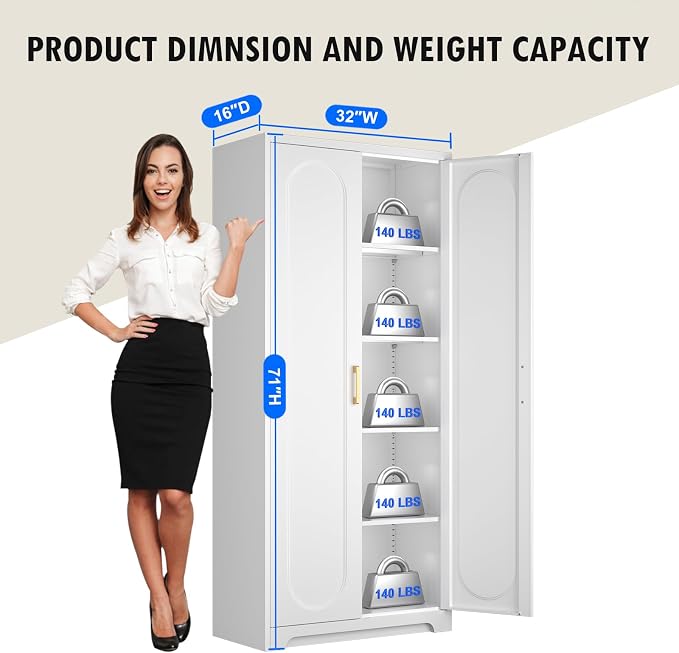 Polup 71" White Metal Kitchen Pantry Storage Cabinet with Doors and Shelves | Freestanding Cupboard, Cold-Rolled Steel, 5-Tier Heavy Duty, Adjustable Shelving, Gold Handles, for Garage Office & Laundry