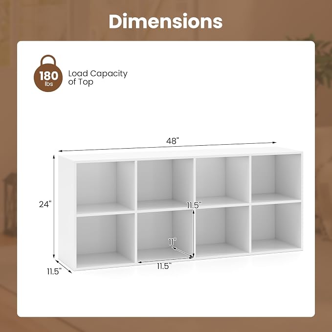Giantex 8-Cube Bookcase, 3-Tier Cubby Bookshelf, Horizontal Vertical Display Rack with Anti-Tipping Kits, Modern Storage Organizer Shelf Unit for Bedroom, Living Room, Study (White, 8-Cube)
