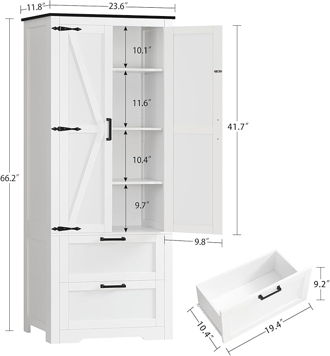 TEENFON 66.1" H Storage Cabinet with 2 Drawers, Farmhouse Kitchen Pantry Cabinet with 2 Doors & Adjustable Shelf, Bathroom Cabinet, for Living Room, Kitchen, Bathroom, White