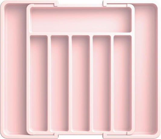 Aujen Silverware Drawer Organizer, Adjustable Utensil Cutlery Tray | Expandable Kitchen Organizer for Forks Knives, Multipurpose Kitchen Storage, Apartment Essentials, Pink, Large