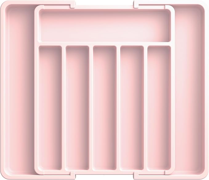 Aujen Silverware Drawer Organizer, Adjustable Utensil Cutlery Tray | Expandable Kitchen Organizer for Forks Knives, Multipurpose Kitchen Storage, Apartment Essentials, Pink, Large
