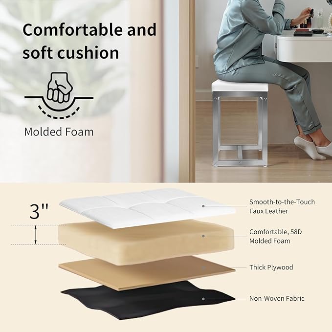 Vanity Stool Chair, Modern PU Leather Ottoman Foot Rest for Vanity Bench with Silver Metal Legs, Multifunctional Chairs for Makeup, Bedroom, Living Room, Small Makeup Stools White&Silver