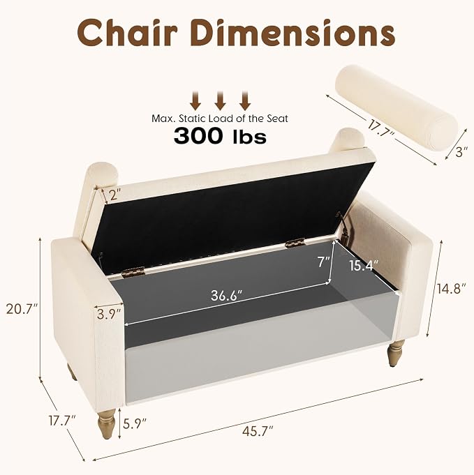 Large Storage Ottoman Bench, 45.7" Linen Upholstered Entryway Bench with Solid Wood Legs, End of Bed Bench, Shoe Bench, Ottoman Storage Chest for Bedroom/Living Room/Entryway,Beige