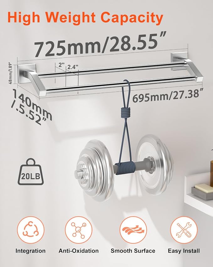Alise Double Bath Towel Bar, 28" Towel Racks for Bathroom, Brushed Nickel | SUS304 Stainless Steel Bathroom Towel Holder, Quick Drying Towel Hanger Towel Rod Wall Mounted, Useable Length 26.5"