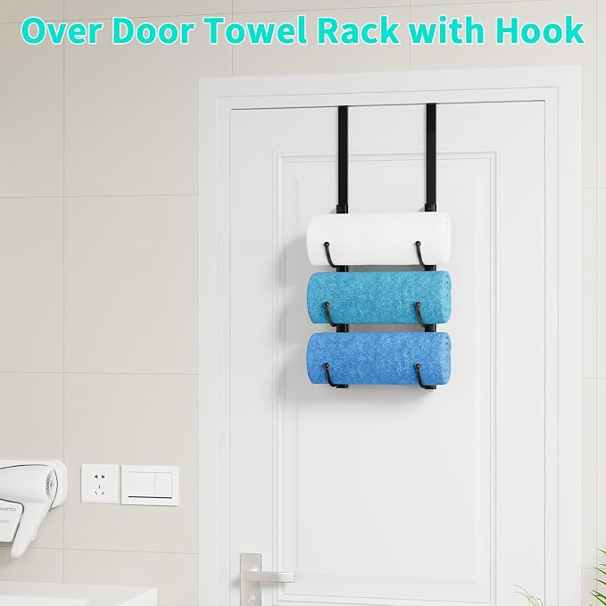 HapiRm Rolled Towel Racks for Bathroom - 3-Tier Over The Door & Wall Mounted Bathroom Towel Storage, Hanging Metal Organizer for Towels & Bath Sheets, Space Saving Rack for Bathroom, Camper, RV, Black