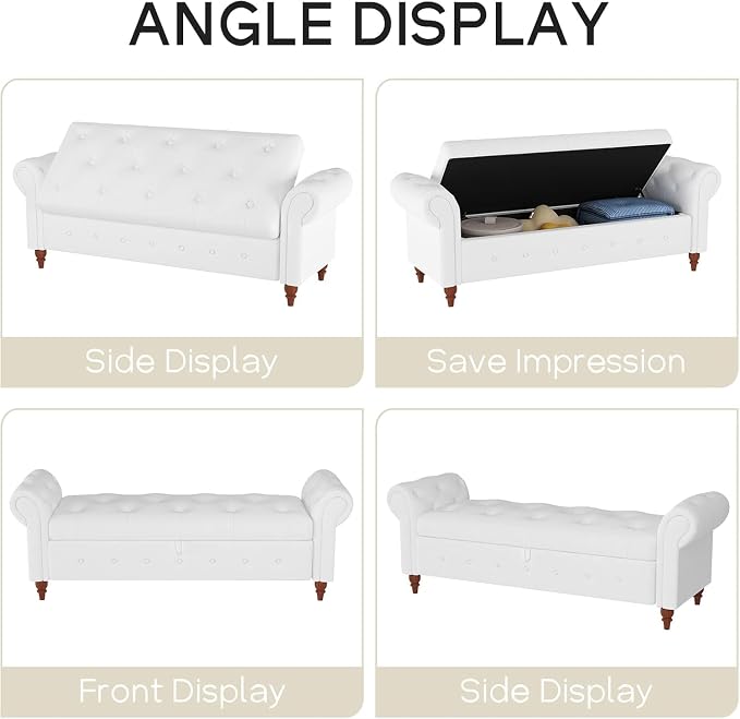 NIOIIKIT 63'' Storage Ottoman Bench, Tufted Entryway Bench White Polyester | Button Tufted End of Bed, Large Storage Space, Rolled Armed Ottoman Couch Long Bench for Bedroom, Living Room, Hallway