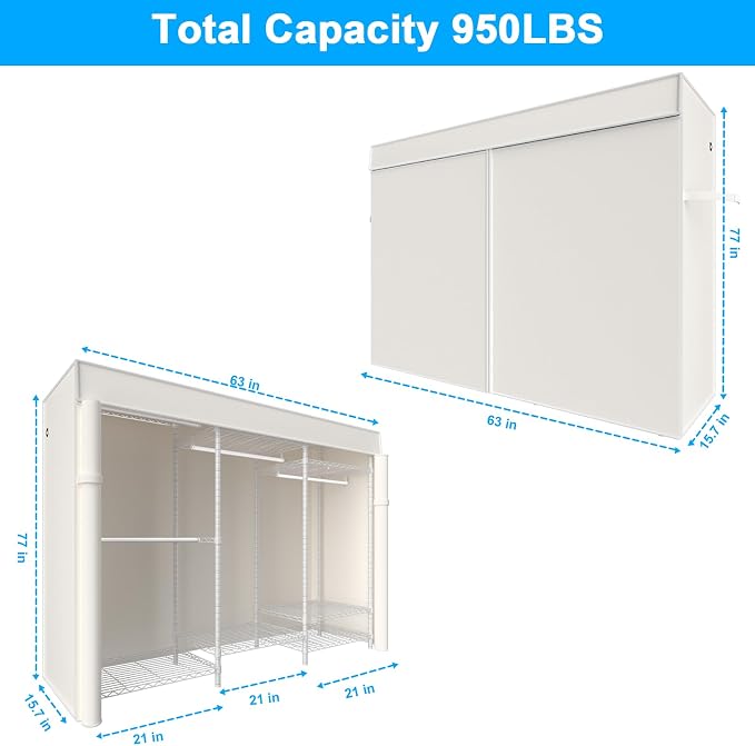 E13C Heavy Duty Closet Organizer System，Freestanding Clothing Racks for Hanging Clothes，Adjustable Garment Rack 63" W x 16" D x 77" H Hold 960 lbs，White Clothing Rack with White Dustproof Cover