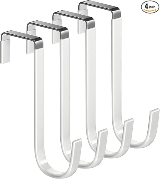 Single Over Door Steel Hooks 4 Pack Fit 1-3/8" Door 5.5" White | Plastic Coated Rubber Feel Towel Rack Robe Coat Shoe Wreath Hanger No Damage No Scratch for Bathroom Heavy Duty Thin Top
