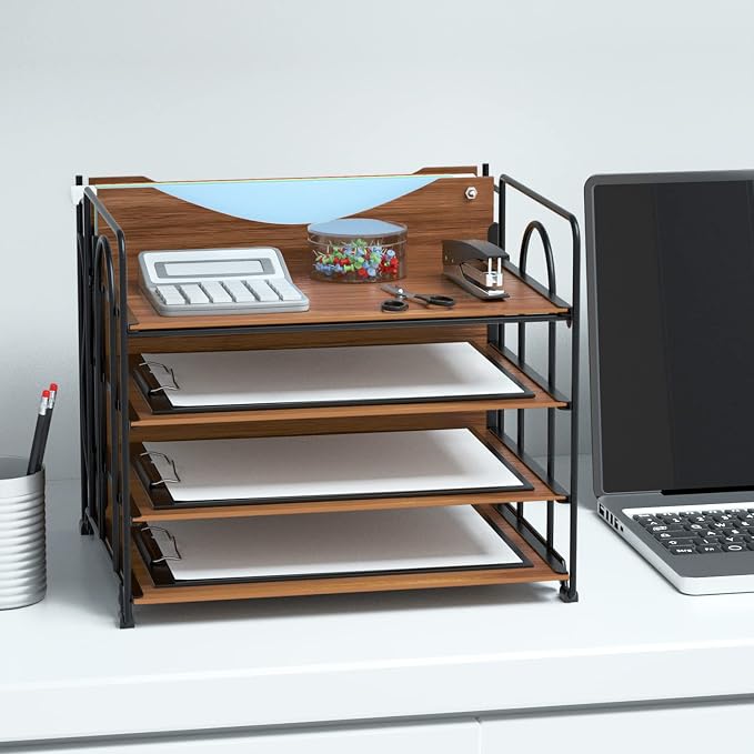 LUCYCAZ File Organizer for Desk,Desktop File Paper Organizer | 4 Tier Wood Desk Organizer for Hanging File Folders Letter Size or A4 Size for Office School and Home, Black
