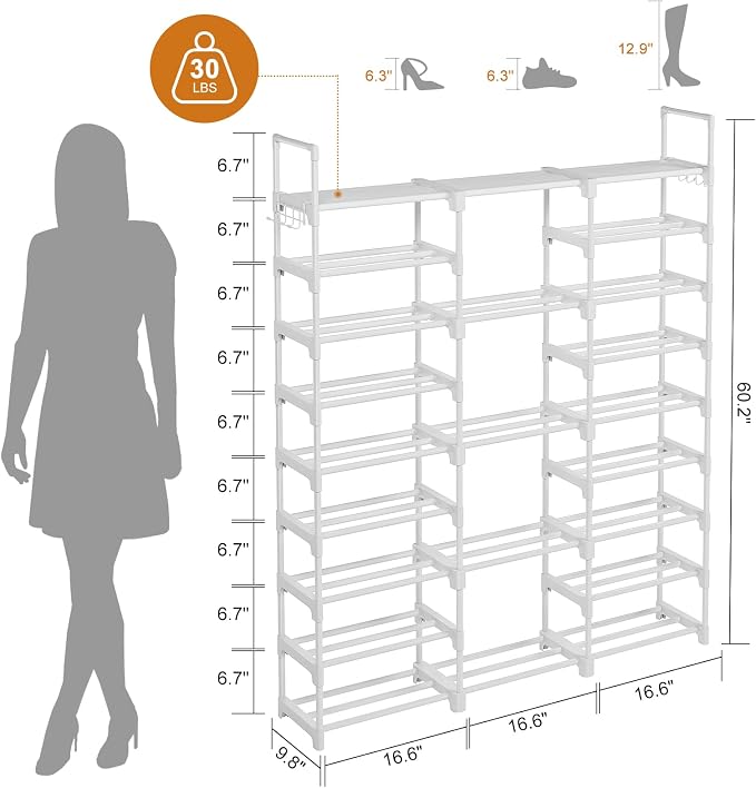 WOWLIVE 9 Tier 3-Column Shoe Rack, 50-55 Pairs Stackable White | 50in long for larger entryways. Removable shelves fit tall boots. Split into multiple units for garage/closet.