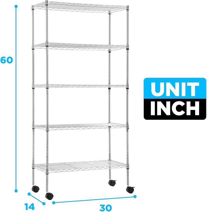 30" L×14" W×60" H Wire Shelving Unit Commercial Metal Shelf with 5 Tier Casters Adjustable Layer Rack Strong Steel for Restaurant Garage Pantry Kitchen Garage，Chrome