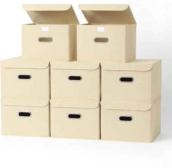 8-Pack Large Collapsible Storage Bins with Lids,Fabric Storage Cubes Organizer for Shelves,Closet,Nursery,Foldable Cube Storage Baskets with Handles,Home Boxes (14.9"x9.8",Creamy-White)