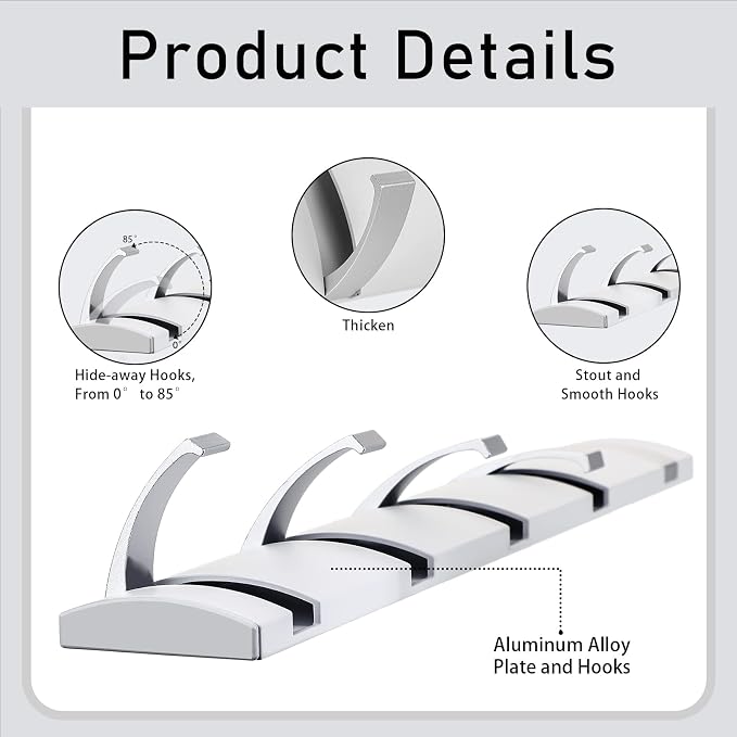Wesiti 2 Pack Wall Mounted Coat Rack, Floating Door Wall Coat Rack with Retractable Hooks Aluminum Space Saving Hangers Hook Rail for Entryway Bathroom Hat Towel(White)