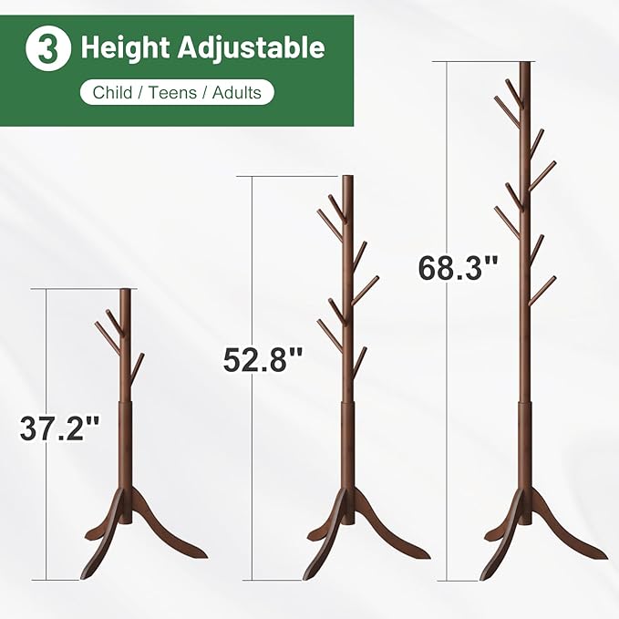 kiplant Bamboo Wood Coat Rack Stand, Freestanding Coat Tree with 8 Hooks, Hallway Entryway Hat Hanger Organizer Standing for Bedroom, Office, Clothes, Jackets, Bags, Umbrallas